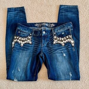 Vintage 90s Y2K Express Jeweled Ultra Low Rise Skinny Embellished Jeans Size 8